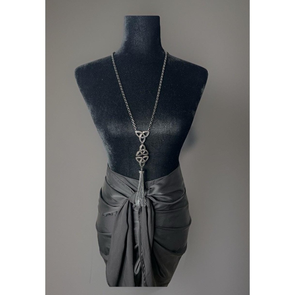 Vintage Grazianoβ CN Gunmetal Tone Tassel Chain Necklace Crystals Adjustable